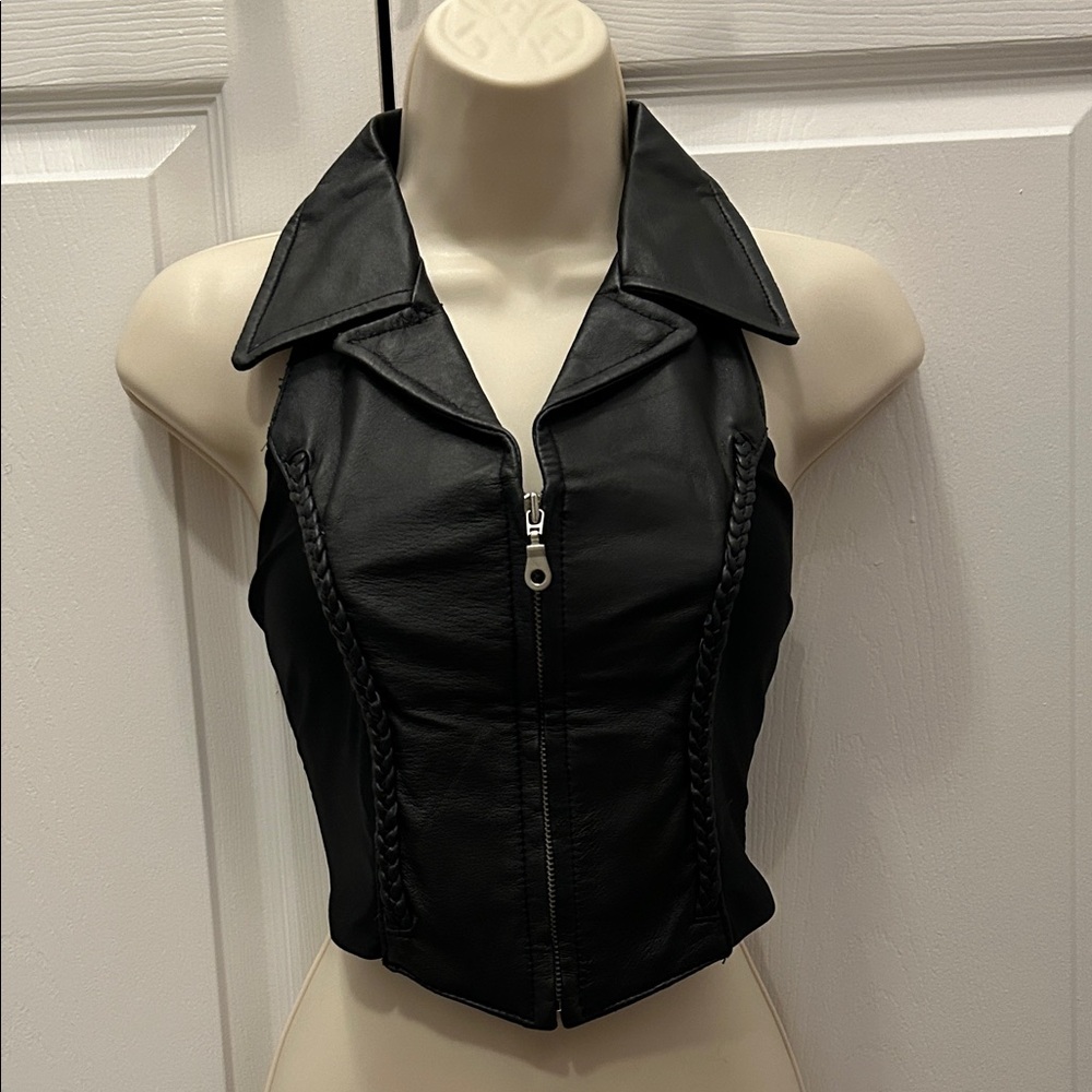Black Leather Vest Top with Braided Details